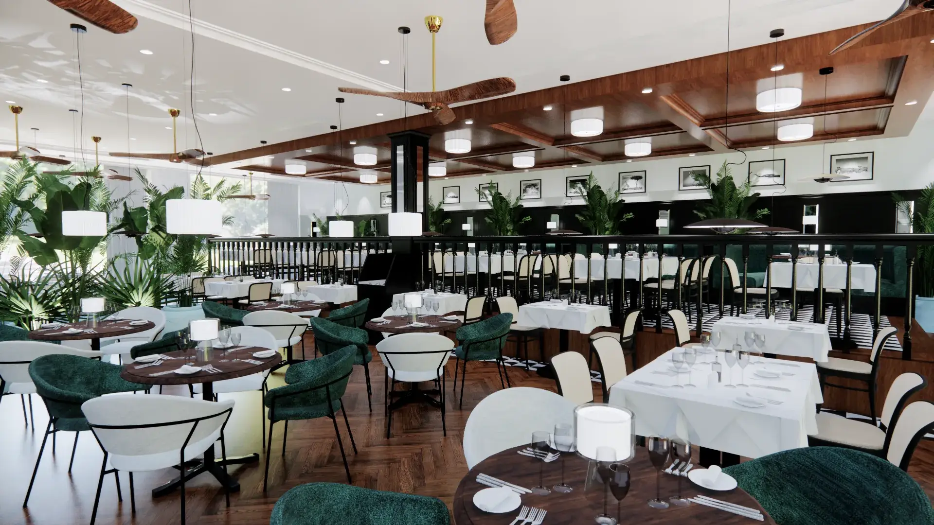 Wizualizacja: sala restauracji za dnia, drewniany sufit i zielone fotele
