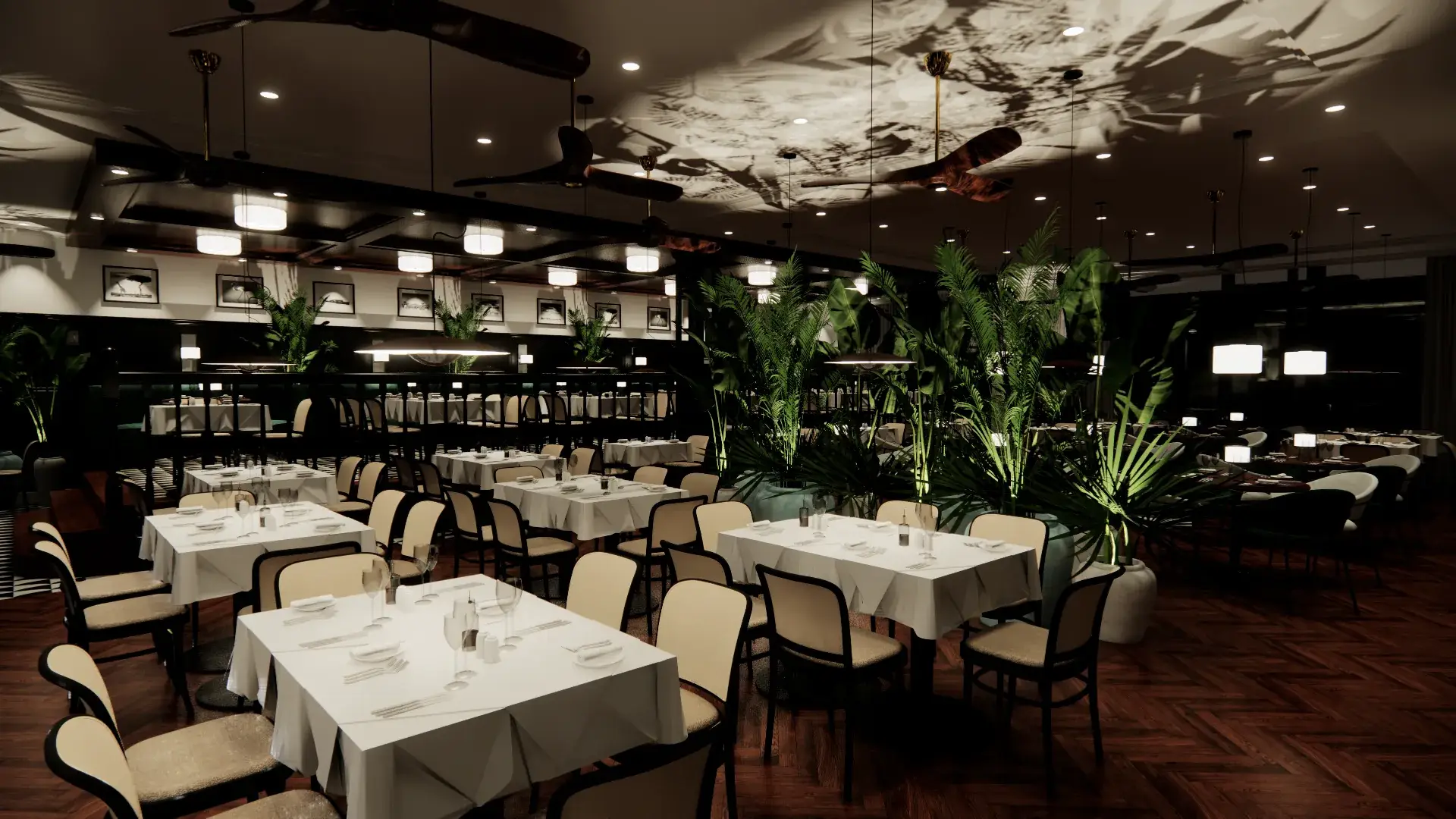 Wizualizacja: sala restauracji wieczorem